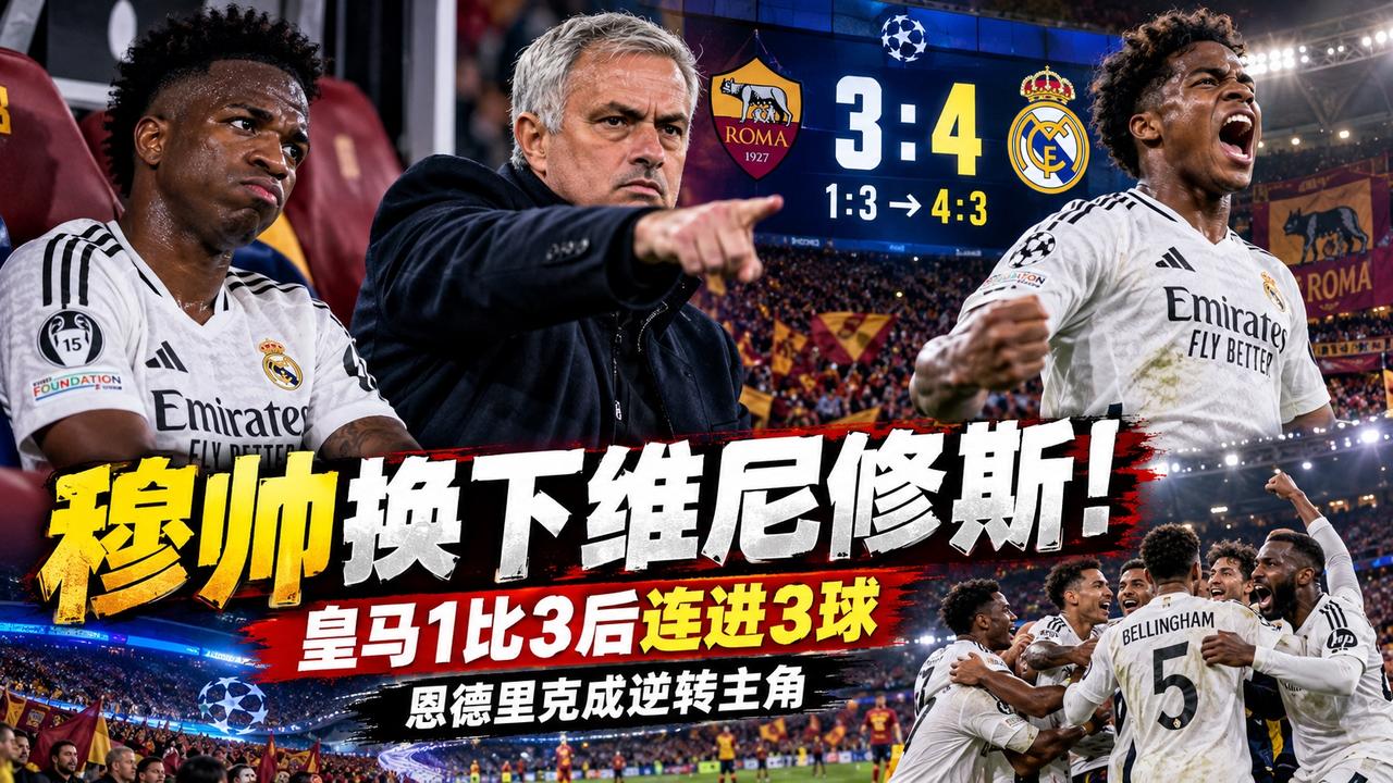穆帅换下维尼修斯，皇马连进3球！最意外的是他赛后的态度皇马4比3逆转罗马，最