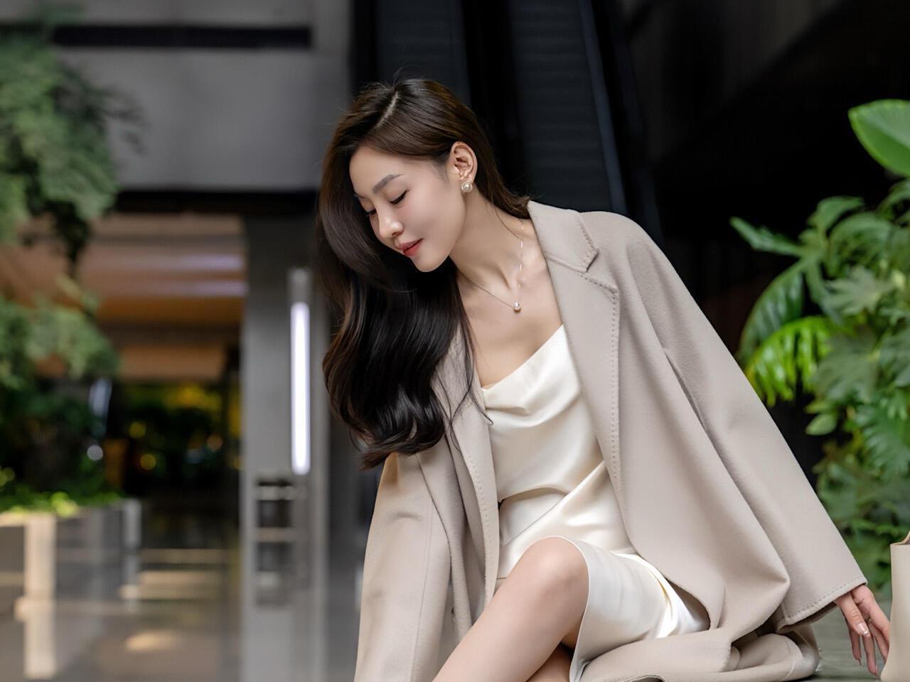 半窗月痕·鹧鸪天·都市丽人软缎轻垂覆素腰，风衣漫卷趁风飘。高跟鞋敲琉璃