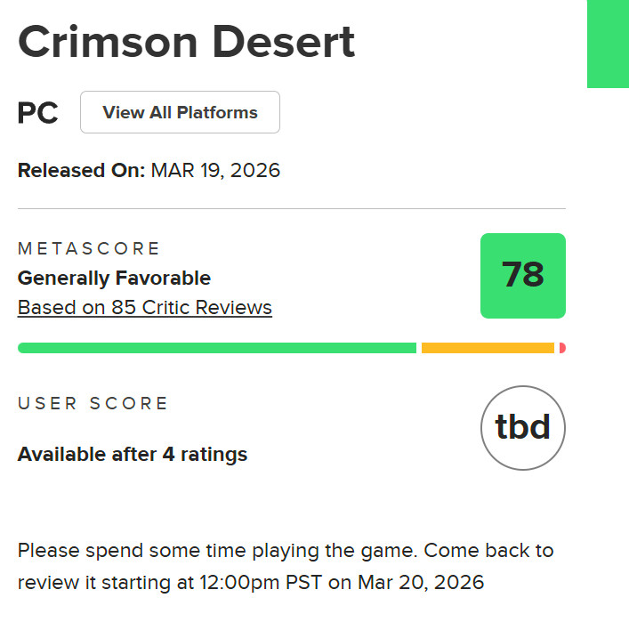 【《红色沙漠》媒体评分出炉，IGN暂评6分】《红色沙漠》Metacritic媒体