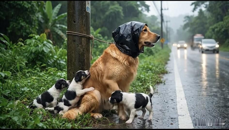 泪目了！一只狗妈妈和它的三只小奶狗被主人遗弃在了一条马路边上，主人担心狗妈妈找回