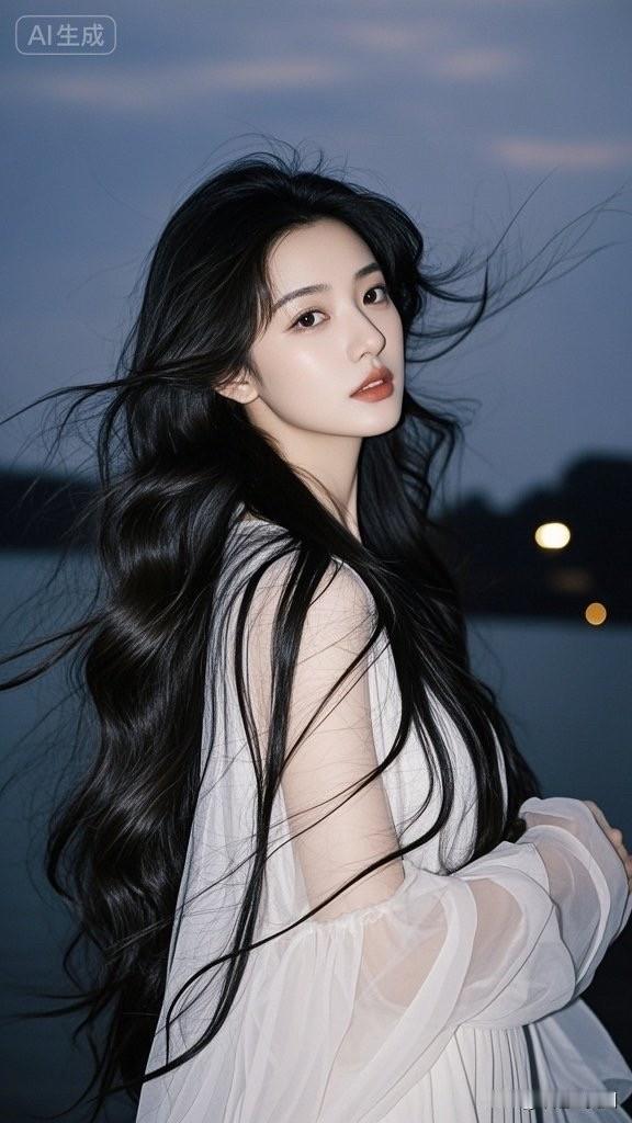 长发美人穿白裙，站在湖边。