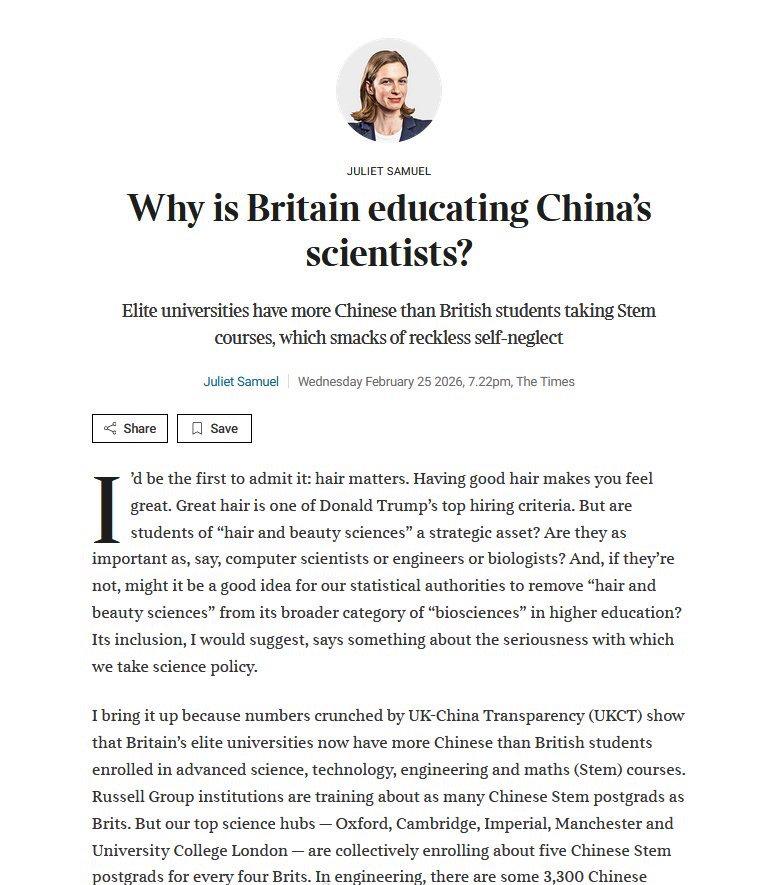 泰晤士报质问：英国为什么要帮中国培养科学家？文中指出精英大学stem课程的中国