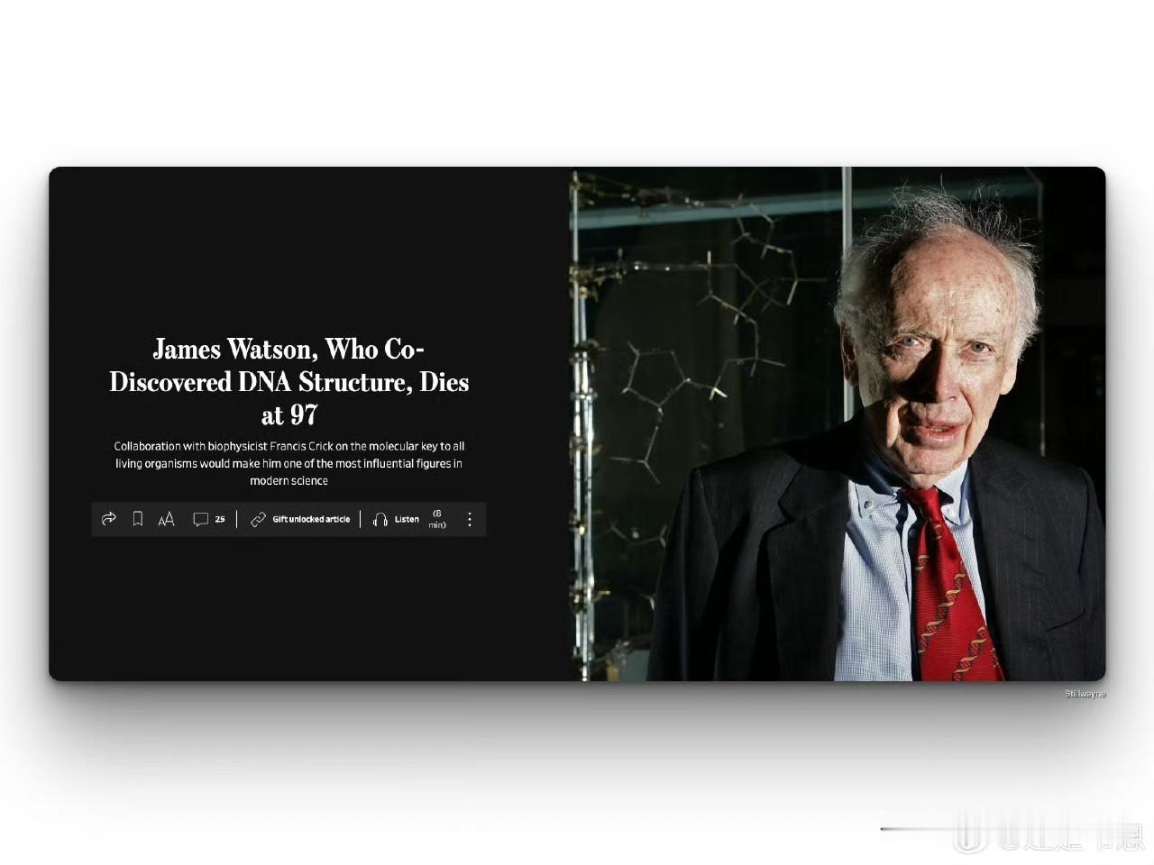 伟大的生物学家☞发现DNA双螺旋结构的詹姆斯·沃森逝世，享年97岁詹姆斯·沃森
