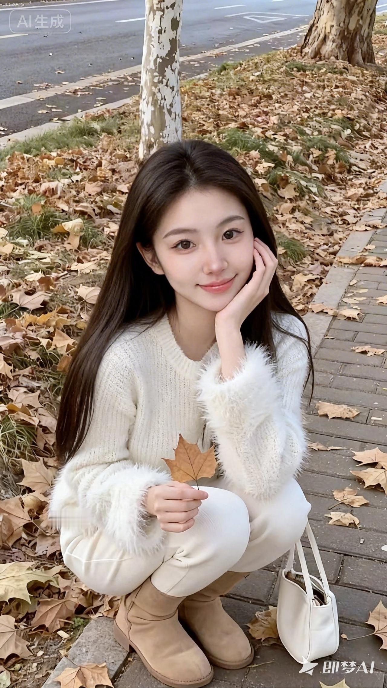 一位长发披肩的年轻女性，站在铺满金黄落叶的人行道旁，手托脸颊，皮肤白皙水灵，面带
