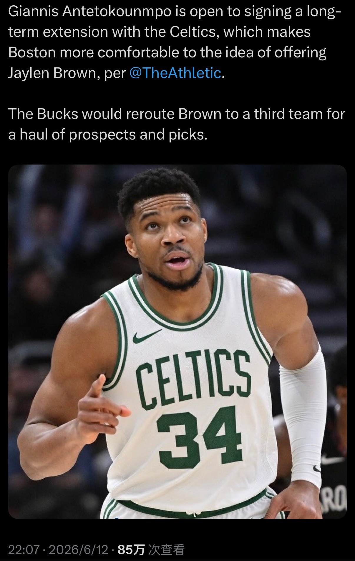 权威媒体《TheAthletic》消息，扬尼斯·阿德托昆博对与凯尔特人长期续约