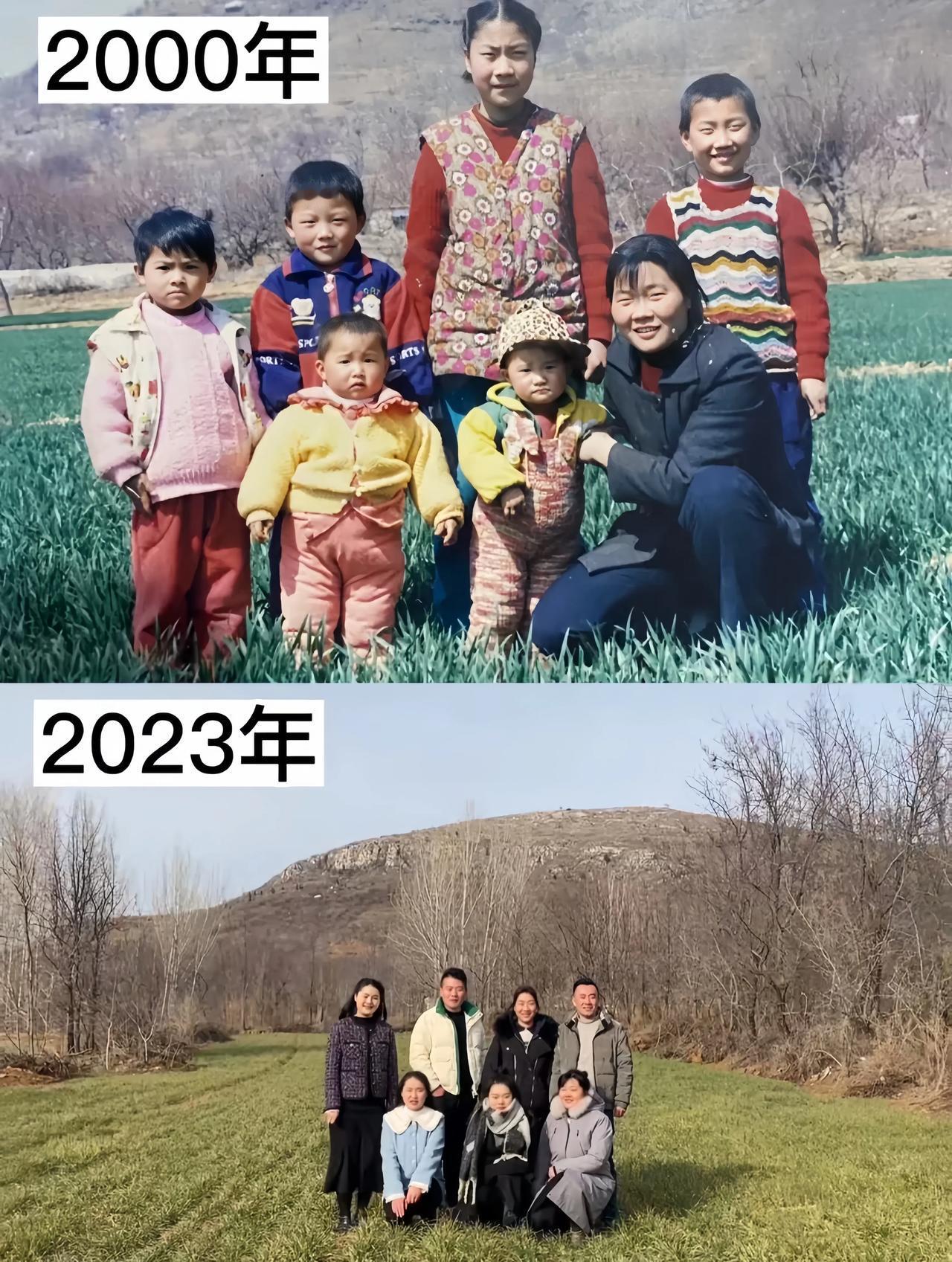 一位妈妈带着6个孩子，在同一个地方相隔23年的合影。孩子们都长大了，但妈妈已经老