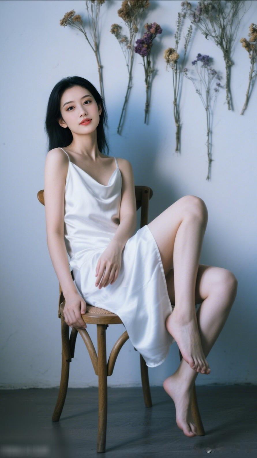 白衣美人倚椅坐，花影映墙如画卷。温柔可爱的女生你喜欢吗?优雅白裙，静谧时光，感