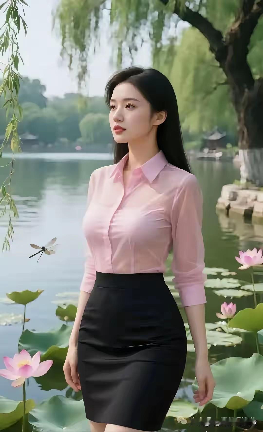 《荷塘趣事》美女立在池边瞧，香风一吹魂儿飘。蜻蜓低飞雨要到，佳人等人心发