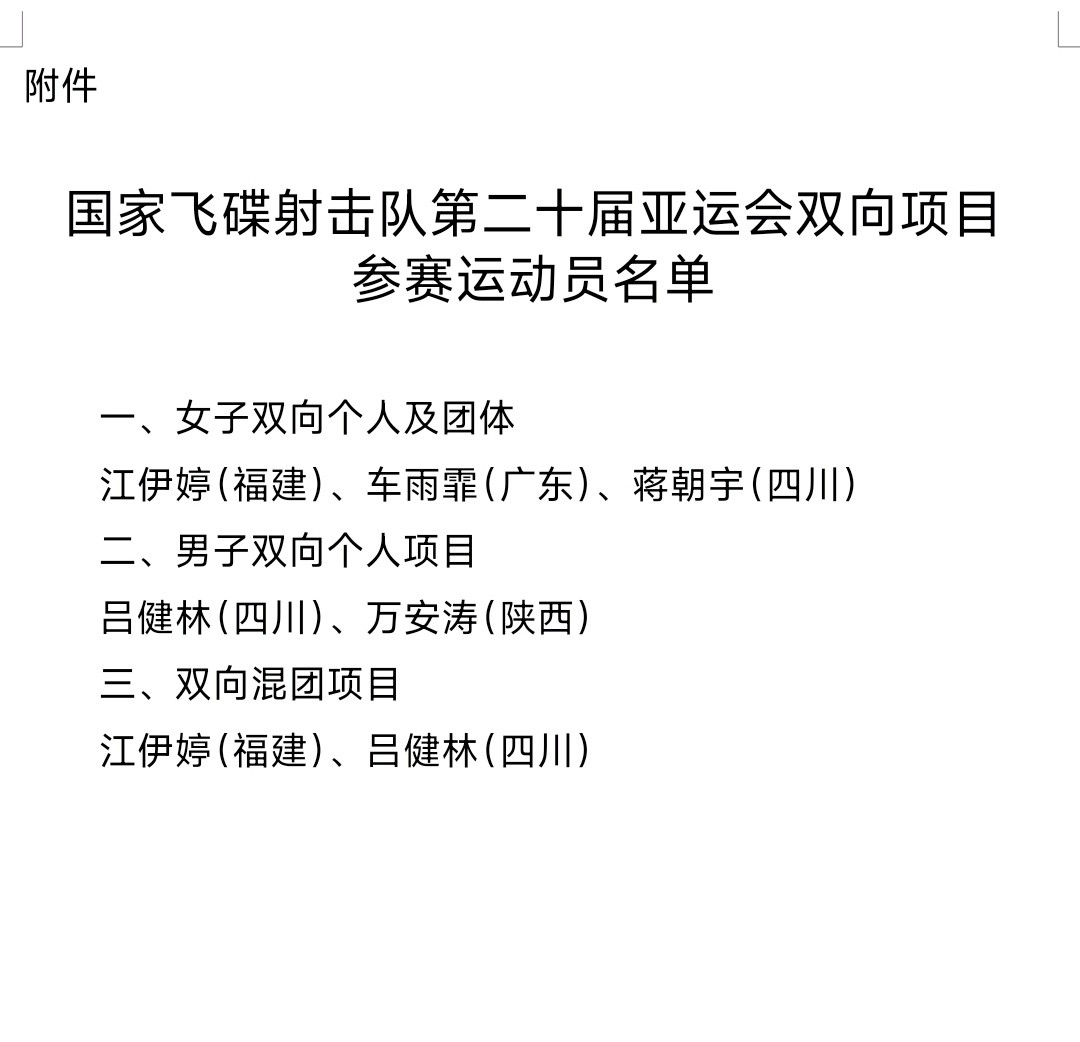 体育总局射运中心公示国家飞碟射击队第二十届亚运会双向项目、多向项目参赛运动员名单