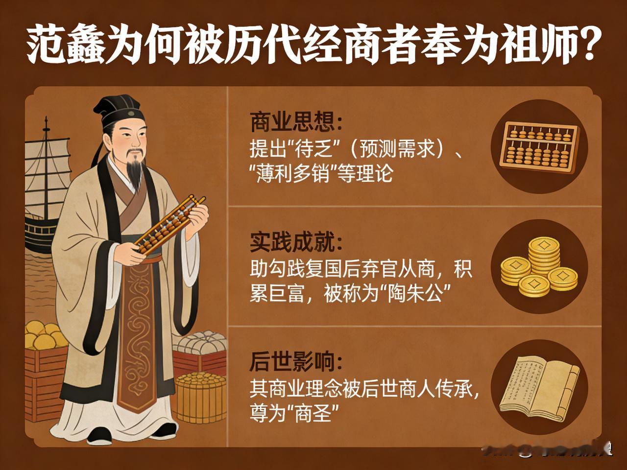范蠡为何被历代经商的人奉为祖师?范蠡被历代商人奉为祖师，不仅仅是因为他“富可敌
