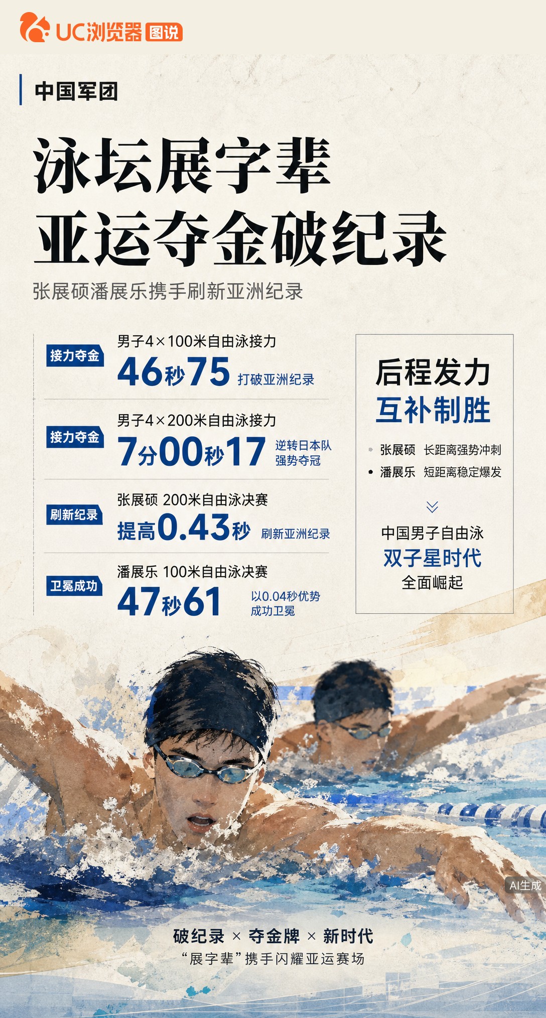 名古屋亚运泳池，“展字辈”全面施展！潘展乐100自0.04秒险胜卫冕，张展硕200自刷新亚洲纪录；两