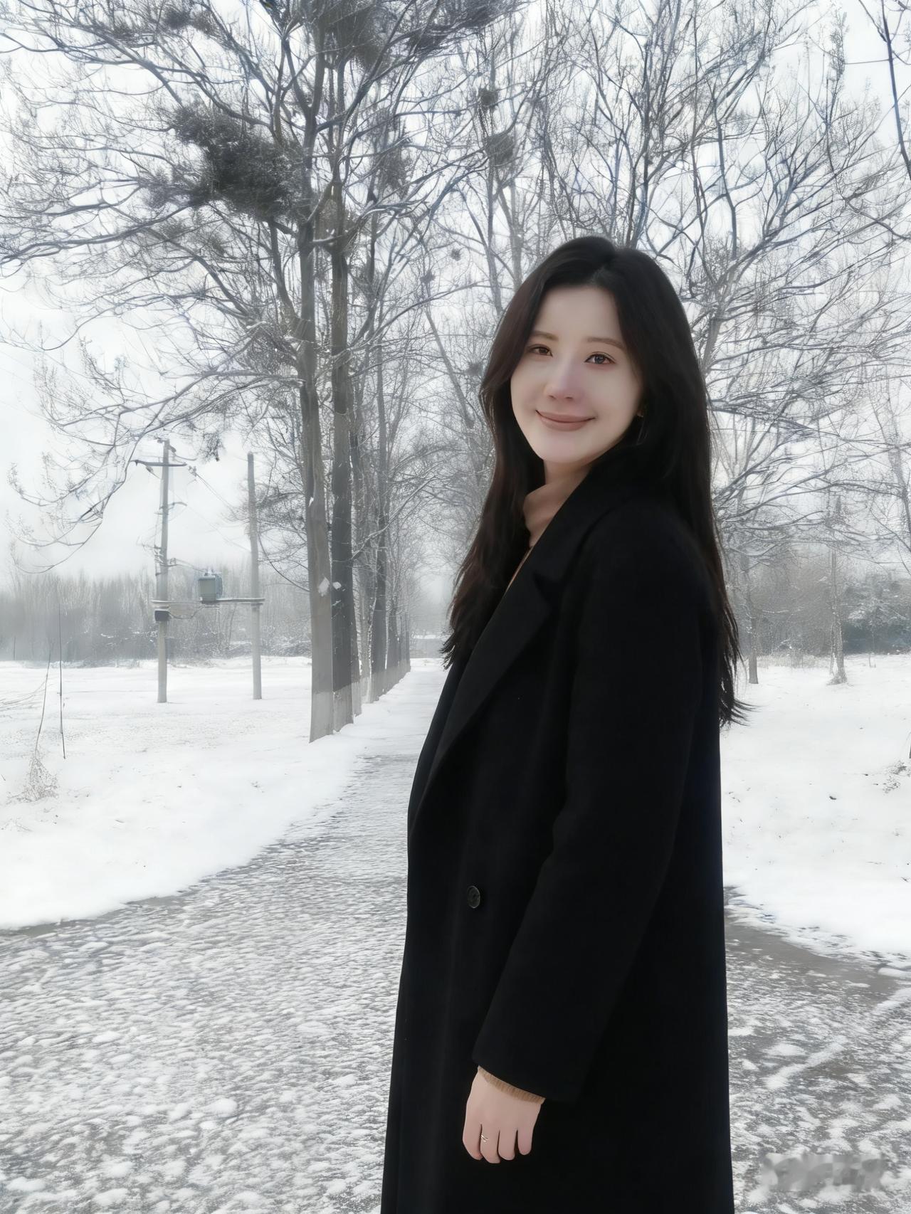 雪野连天际，寒林入望幽。玄衣裁夜色，素领衬清秋。立处凝寒色，眸中隐暖流。风