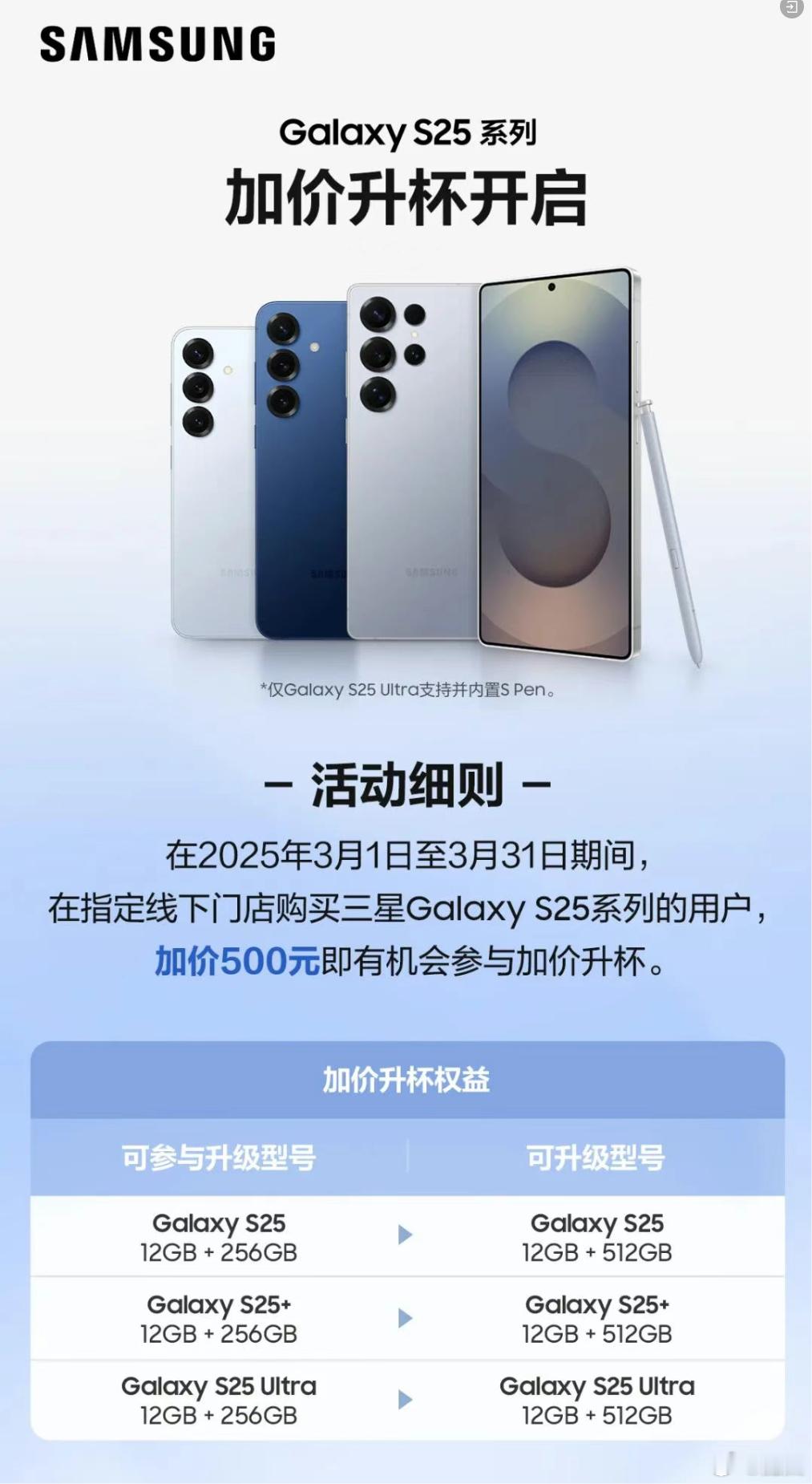 三星GalaxyS25系列3月份搞升杯，都是256G升512G，加价500