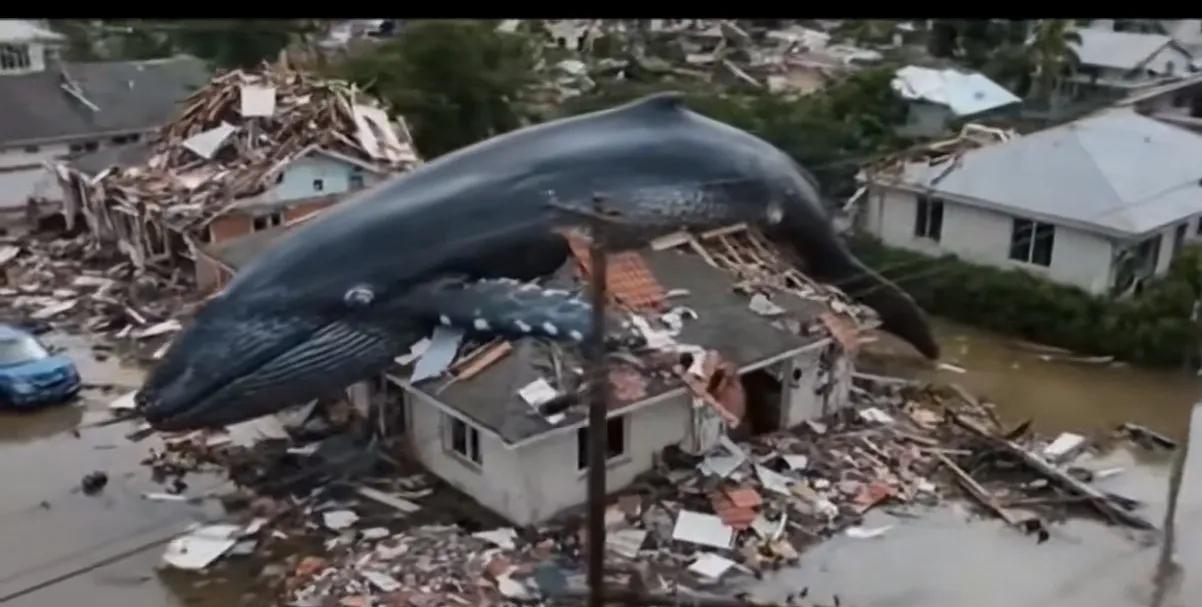 日本大海啸一头虎头鲸被甩上一栋二层建筑死掉了，海洋霸主死得很憋屈，日本人喜欢出海