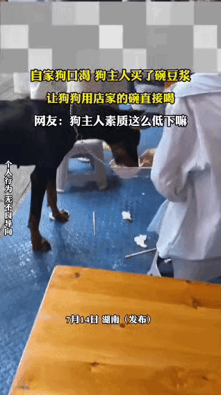 狗主人应该事先声明买下盛豆浆的碗。不然，就没有社会公德。对于这样的人与狗应该