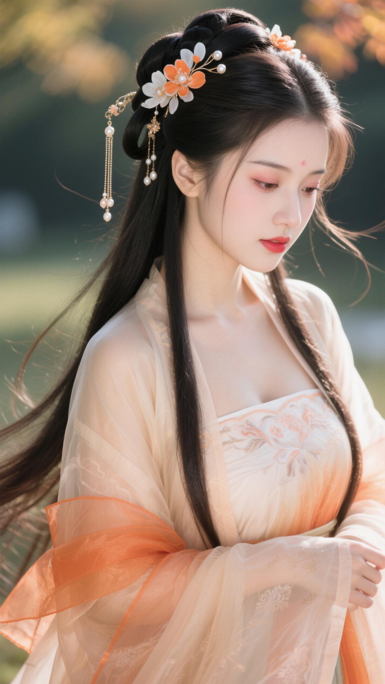 《诉衷情·秋林簪橙》橙绡轻挽杏罗衣，簪花映夕晖。发丝漫卷秋风软，眉底藏清