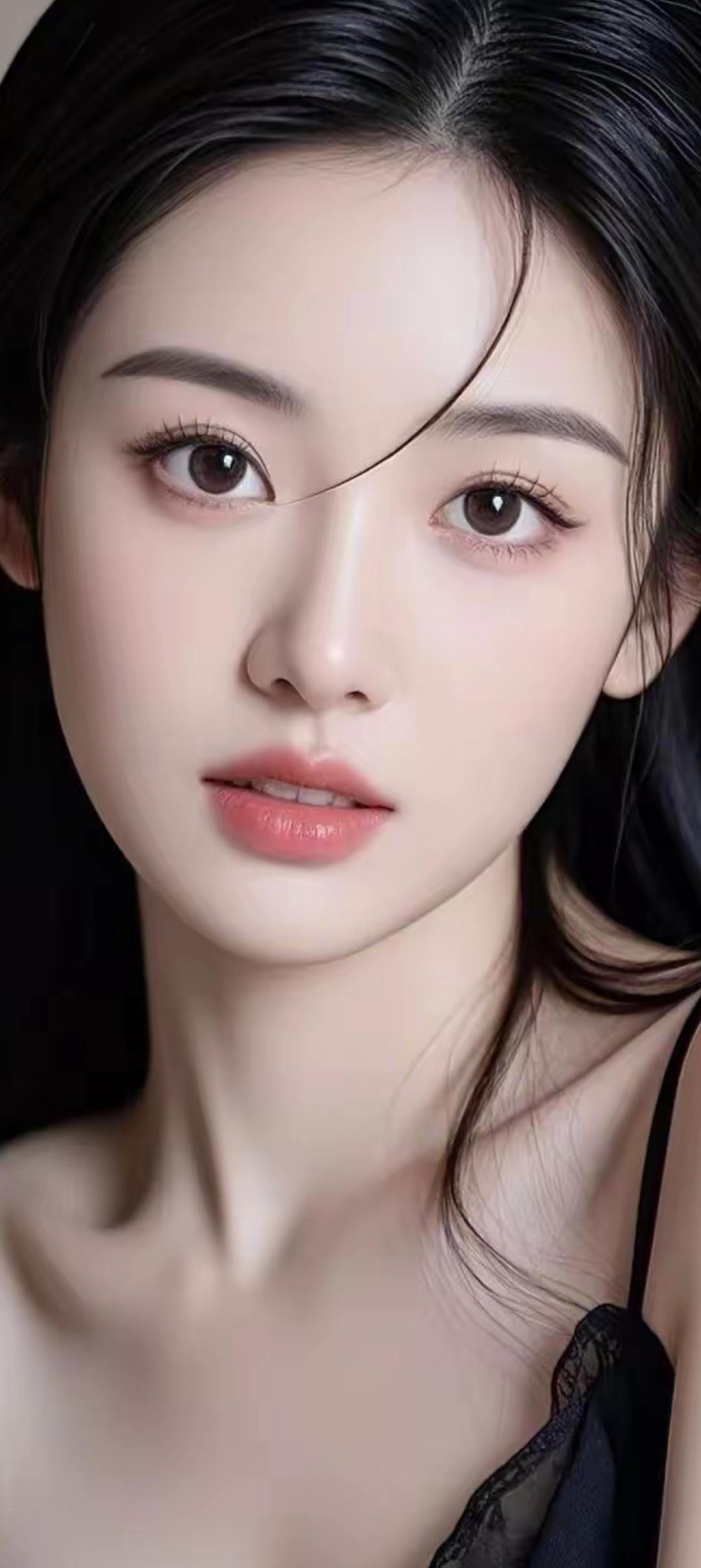 温柔甜美的少女，黑发红唇，梦幻般的眼神