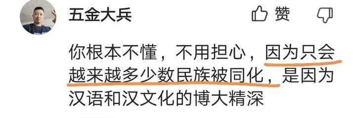 有人说“汉人越多，越反华”，所以他支持汉人比例继续下降。汉人占比90%，
