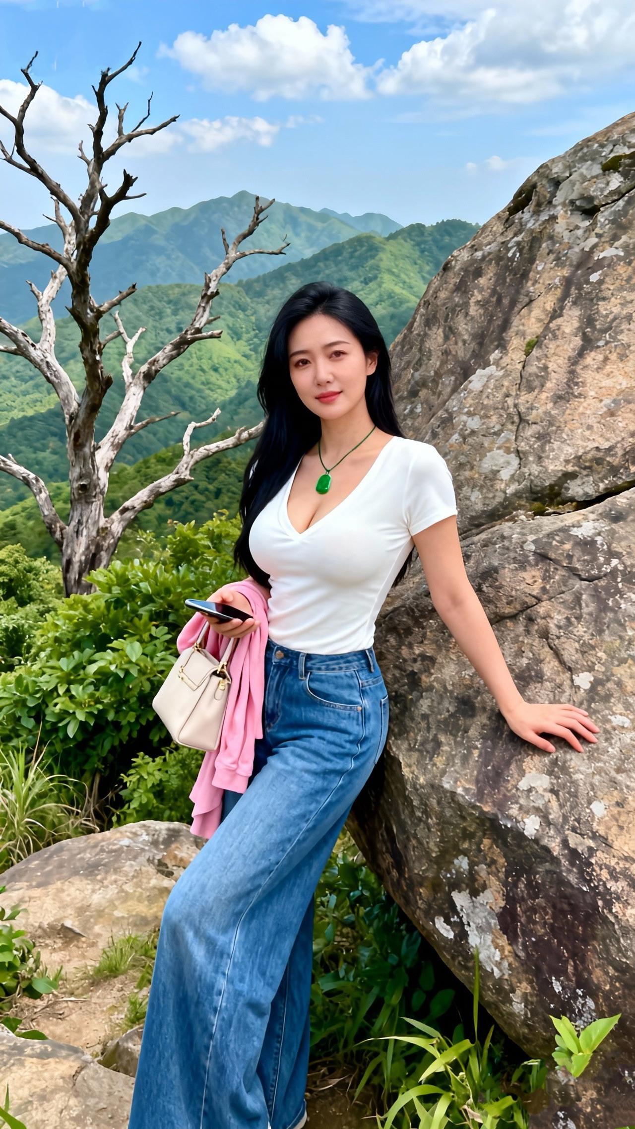 《山巅晴影》青峰叠翠入云悠，石畔佳人倚碧丘。白衫漫卷山风软，一点莹琚缀颈