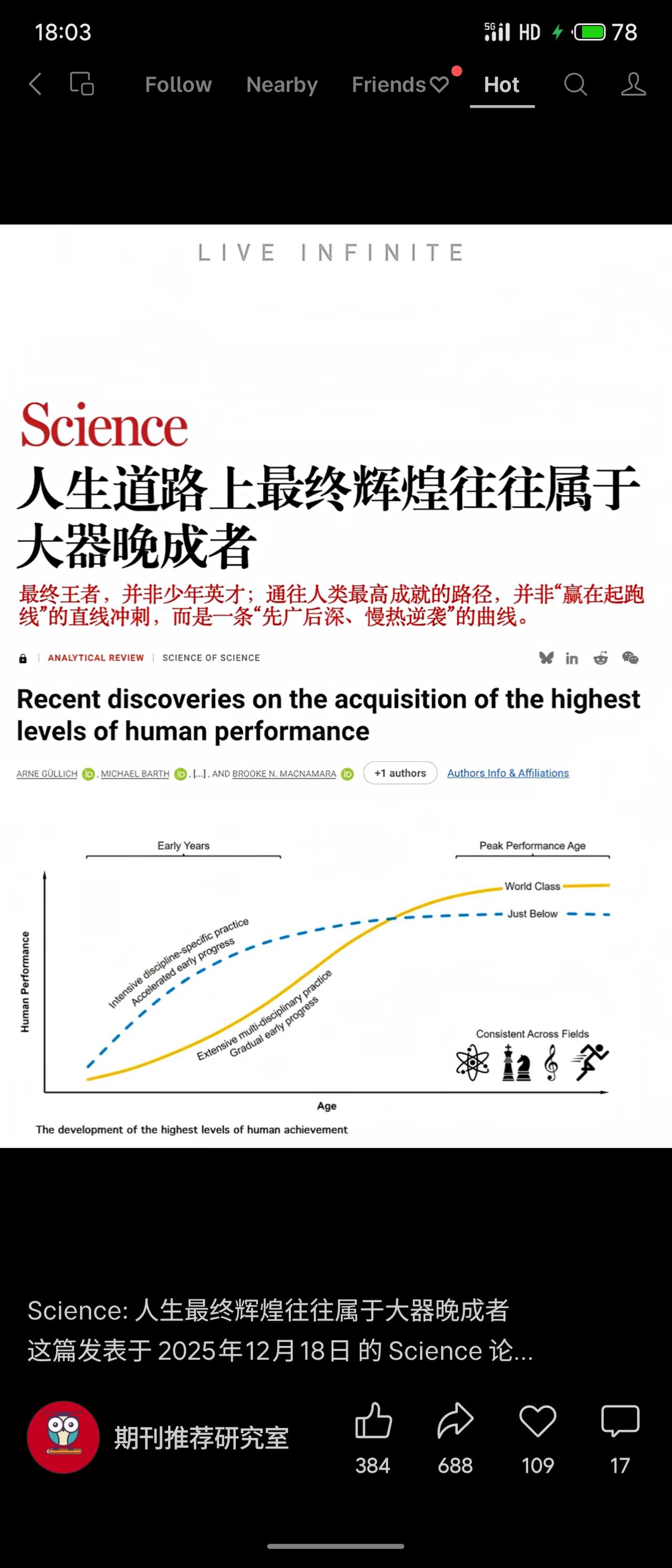 《科学》最新研究表明，人类最高成就者往往“大器晚成”。研究发现，许多世界级专家早