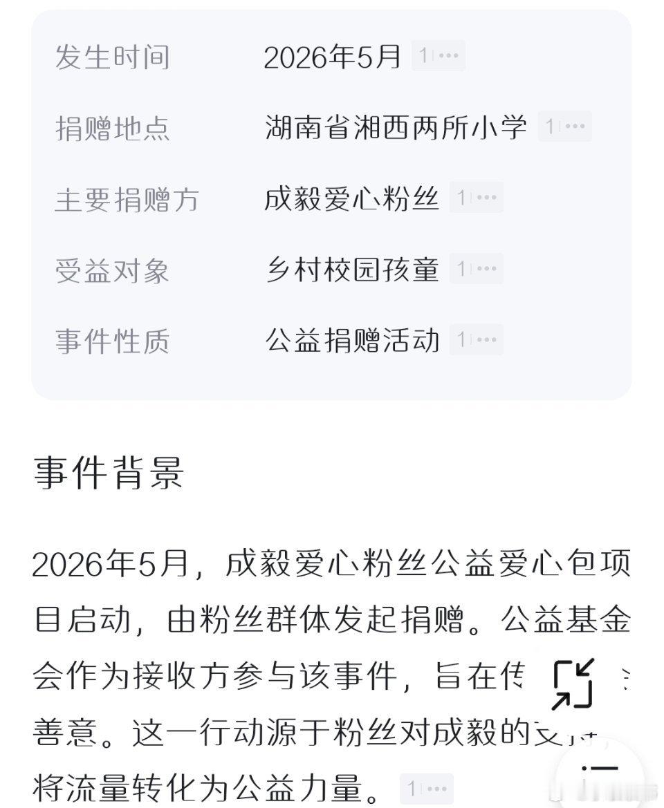 在2026年5月，公益基金会通过社交媒体回顾成毅爱心粉丝公益爱心包事件。该事件发