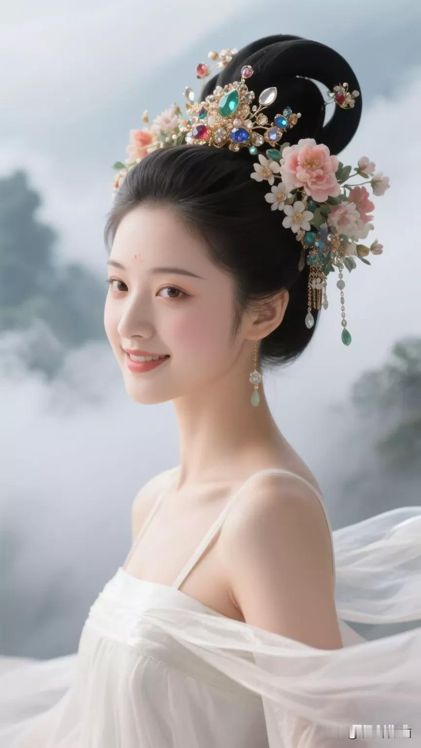 梦幻仙境中的古典美人，花冠与轻纱相映成趣，宛如画中仙子。张立启原创书画AI作品古