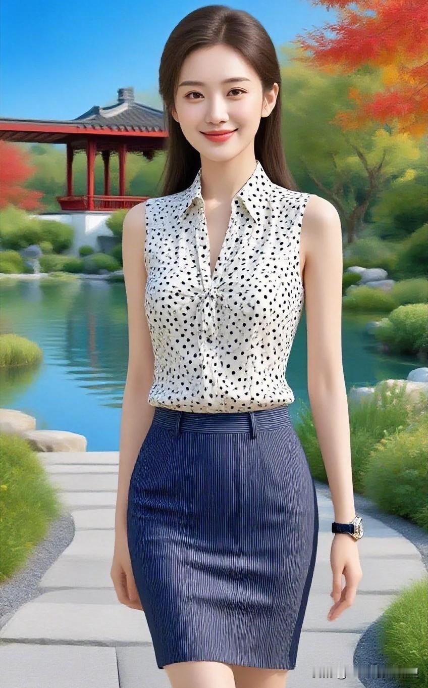 波点轻舞，裙摆生风。她漫步于园林水榭，笑意温婉，如诗画中走出的佳人，将东方雅致与