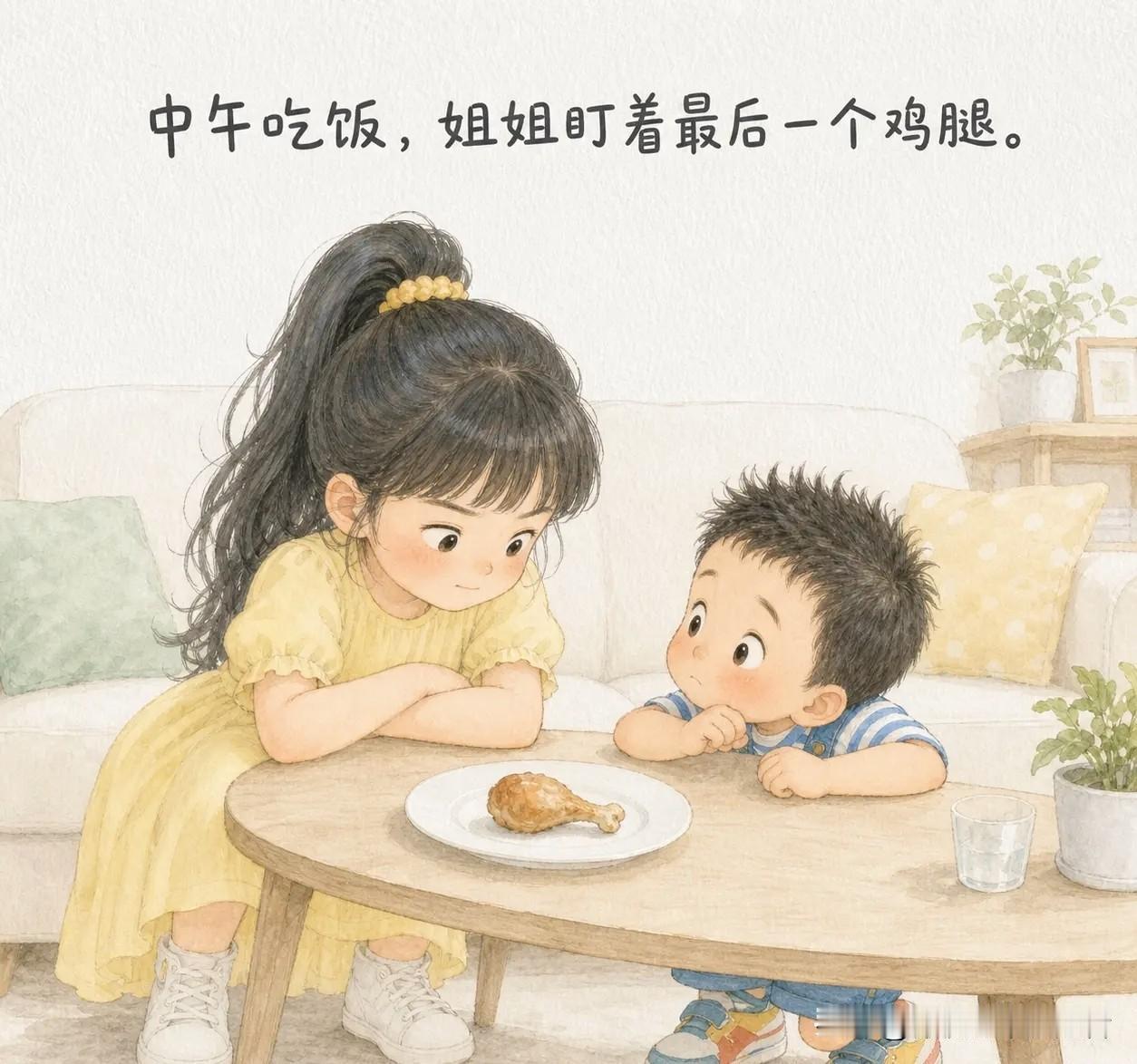 趣味漫画分享：中午吃饭，姐姐盯着最后一个鸡腿。弟弟手快，一筷子夹走。姐姐：“你有