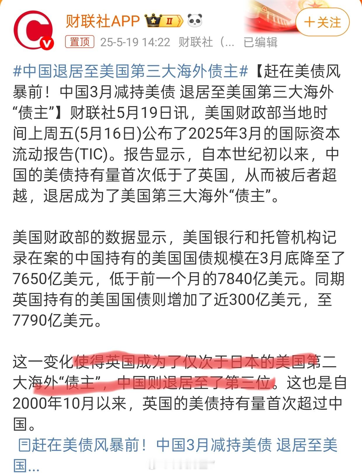 中国退居至美国第三大海外债主中国持有的美债最高时候，高达1.3万亿美元（2013