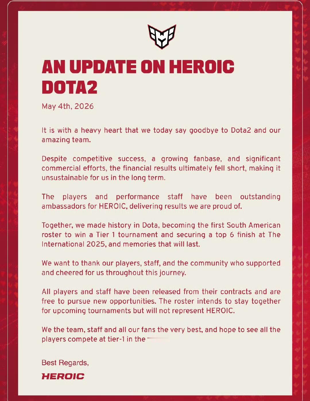 南美刀塔荣光Heroic退出刀塔项目由于很难商业化，并且存在财务危机，南美唯