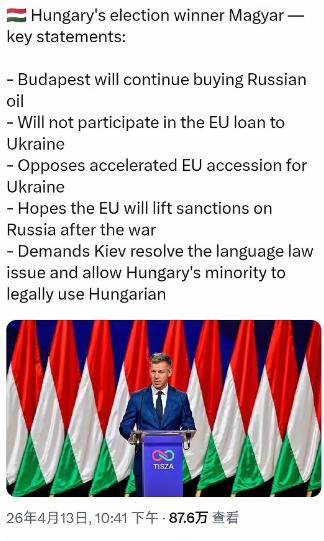 匈牙利新总理马加尔刚当选，连就职仪式的流程还没走完，就直接放出狠话，公布的对外态