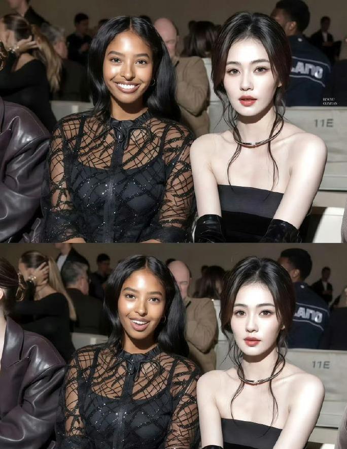 科比大女儿娜塔莉亚与白鹿同框看秀，白鹿本身就白，这在娜塔莉亚的衬托下，更加显眼了