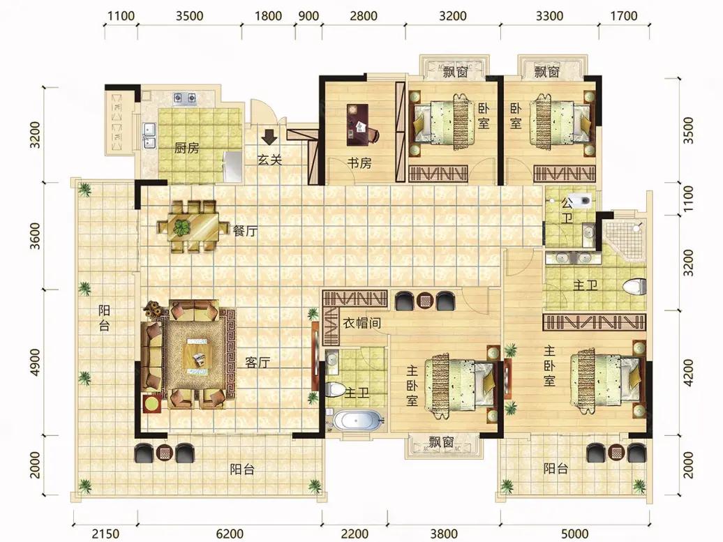 这户型，是实打实的改善配置，格局开阔，豪气干云。客餐厅加阳台连成一体，足足