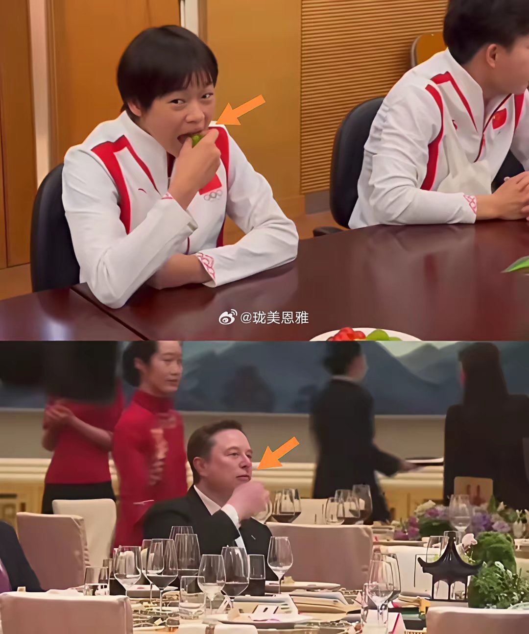 国宴中马斯克与全红婵“偷吃”手法对比一样有趣