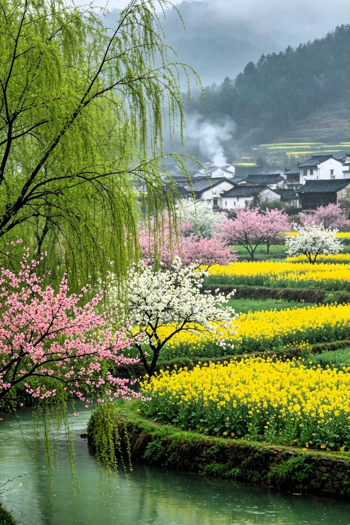 《江南春雨》细雨如烟锁野塘，柔丝拂水漾新光。桃匀粉艳梨花白，菜叠金黄