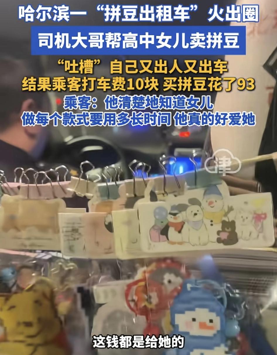 哈尔滨一辆出租车有乘客发现座位的后排挂满了拼豆，原来是司机的女儿亲手制作的，每一