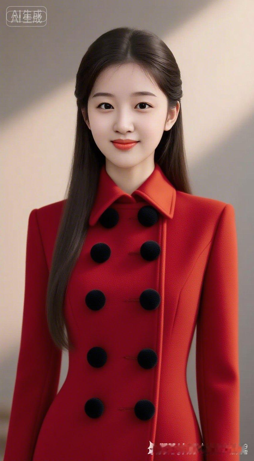 美女长直发垂胸，着红色高级紧身真丝翻领毛呢长袖衣，正面竖向5颗等大等距、光滑亮黑