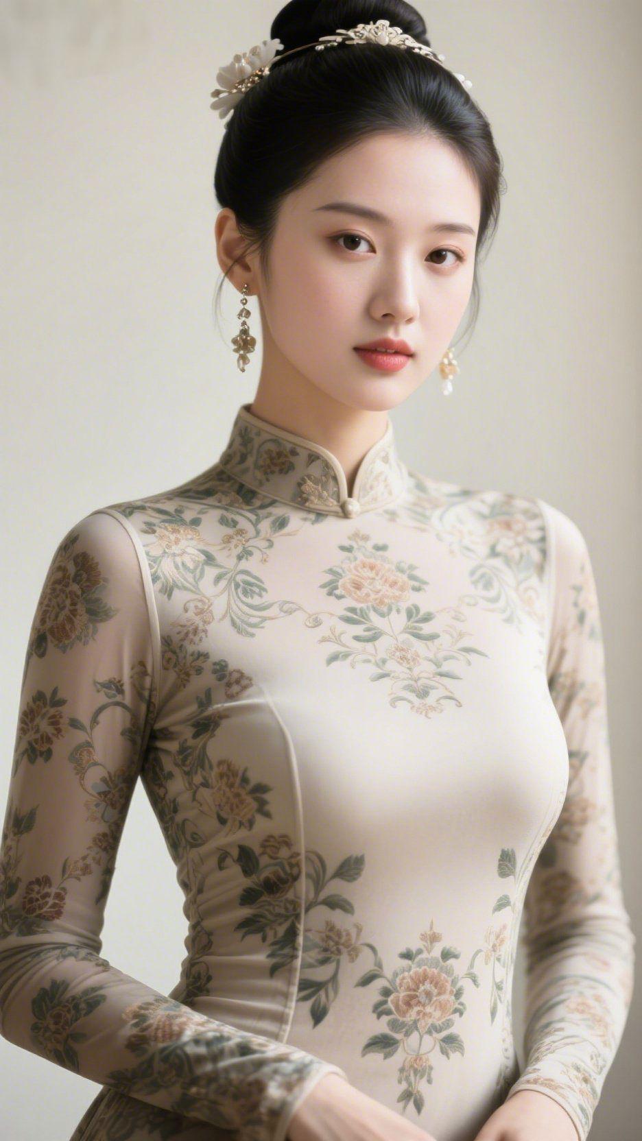 《素襟凝花柔》浅米色襟角覆着轻透纱料，枝蔓与花簇顺着衣身舒展，像把春日软香