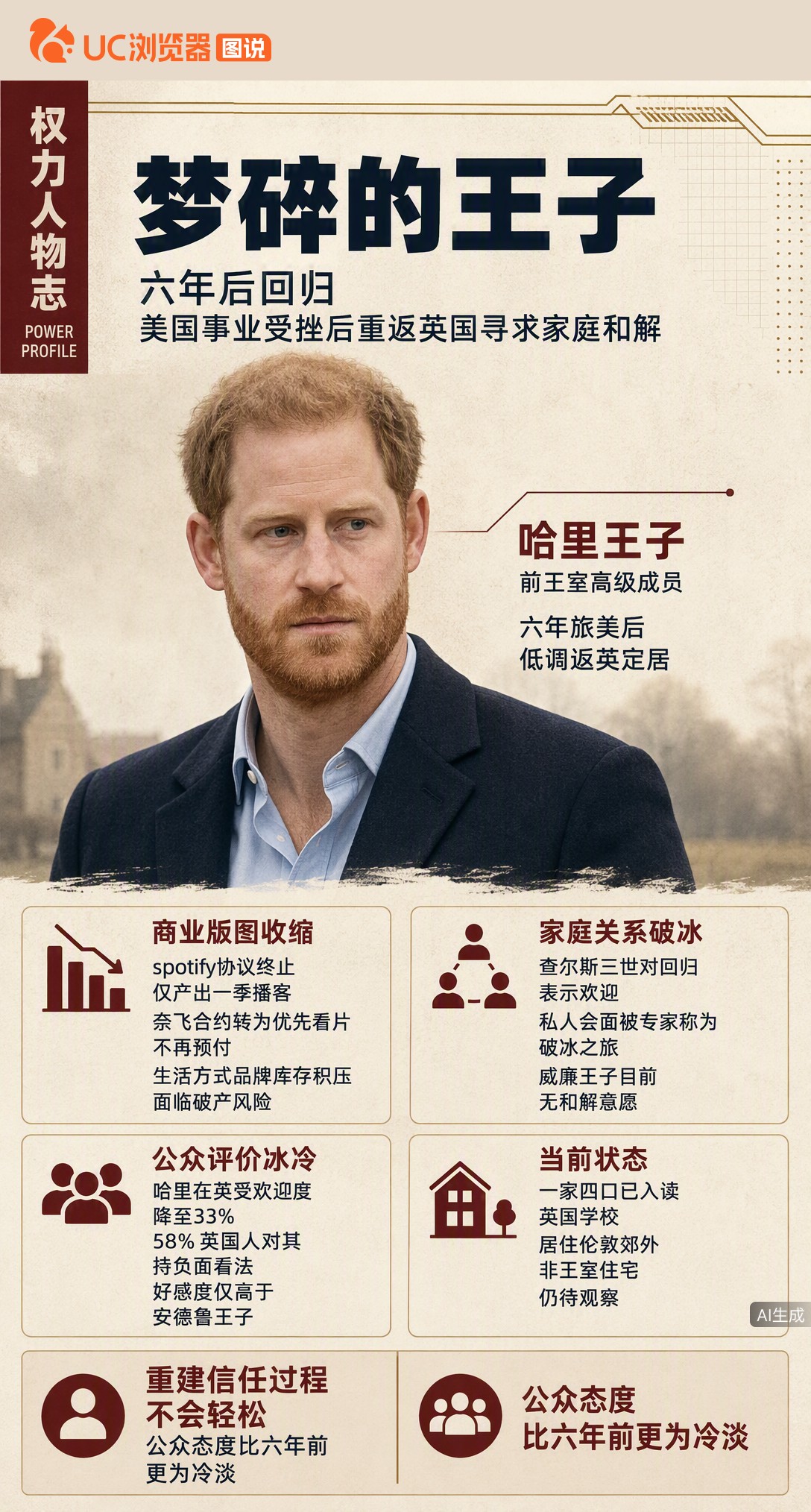 哈里夫妇低调搬回英国，孩子已入学。在美六年商业受挫、民调走低，这次回归没纪录片也没专访。查尔斯表态欢