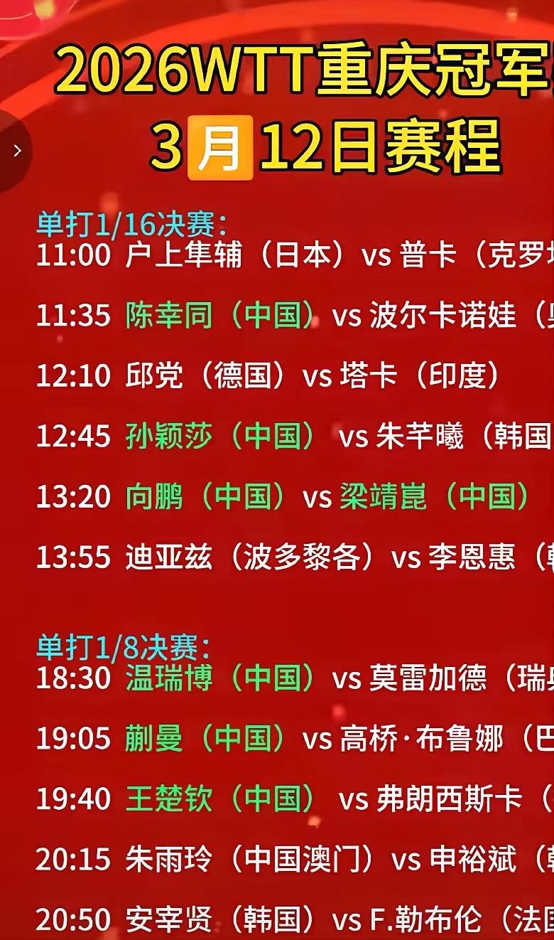 今天终于可以看到孙颖莎2026WTT重庆冠军赛的赛场直播了！3月12日，