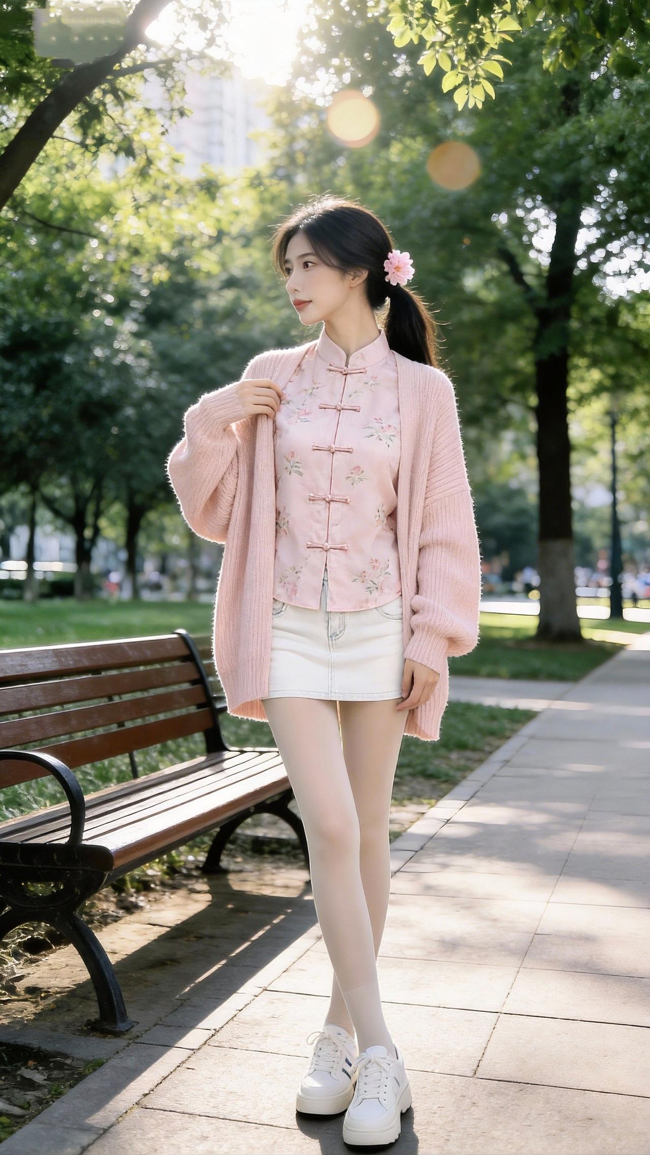 今日份“国风甜妹”打卡！旗袍领+小白鞋=把春天穿在身上啦👧🏻（头发上的小花是