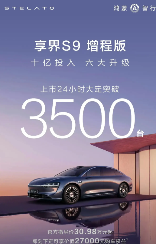 享界S9T1个小时预售订单突破1万台，作为对比S9增程版是24小时大定350