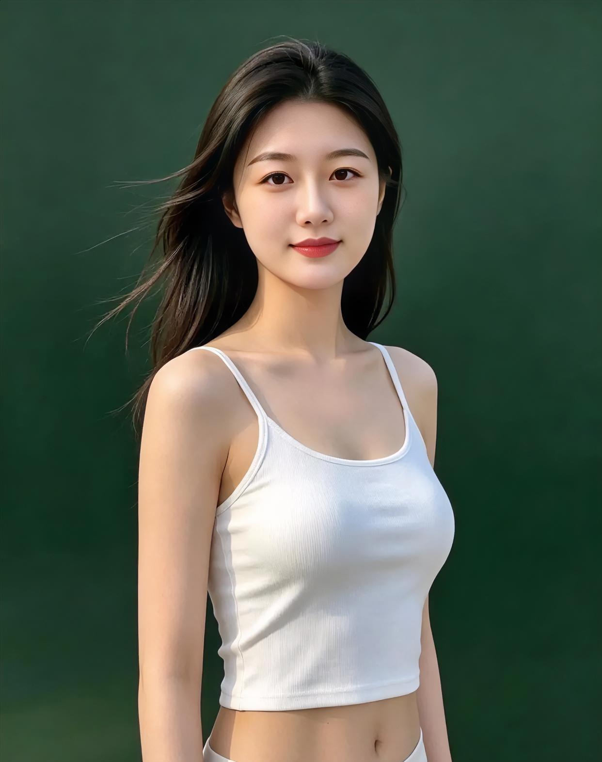 《绿意与纯白》深绿如墨，晕染了背景你静立，如一页纯白诗行细肩带轻托，