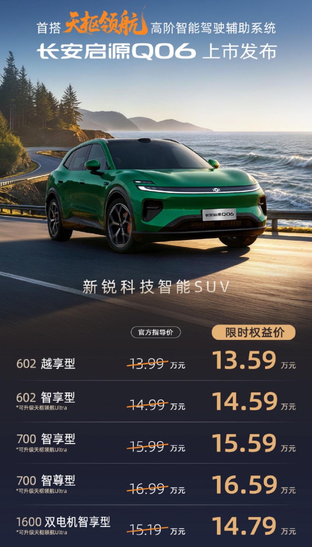 长安启源Q06上市发布：大五座纯电SUV，限时价格13.59万元起！全系标配