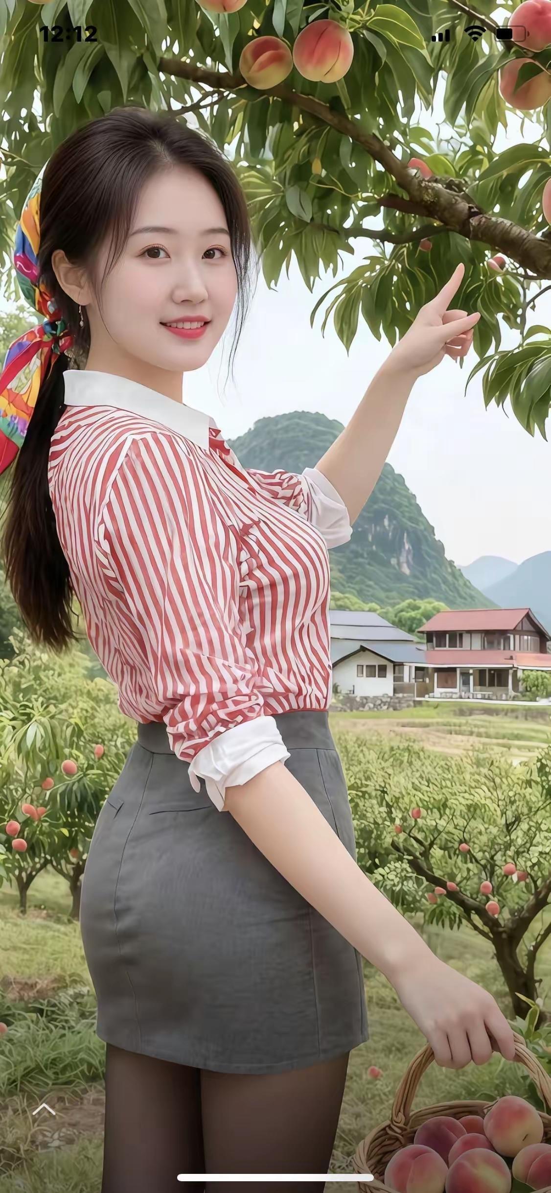 夏日田园风，红白条纹衫搭配灰色短裙，采摘香甜桃子，感受大自然的美好！🌸🍑🌿
