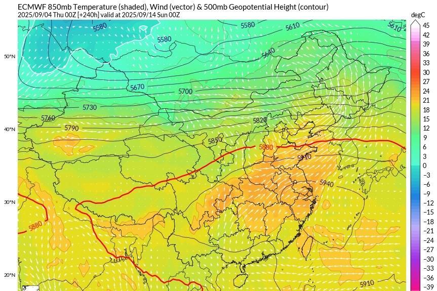 9月中旬这副高强的和8月一样，核心的594位势区都要控制我国江浙沪地区，北方的冷