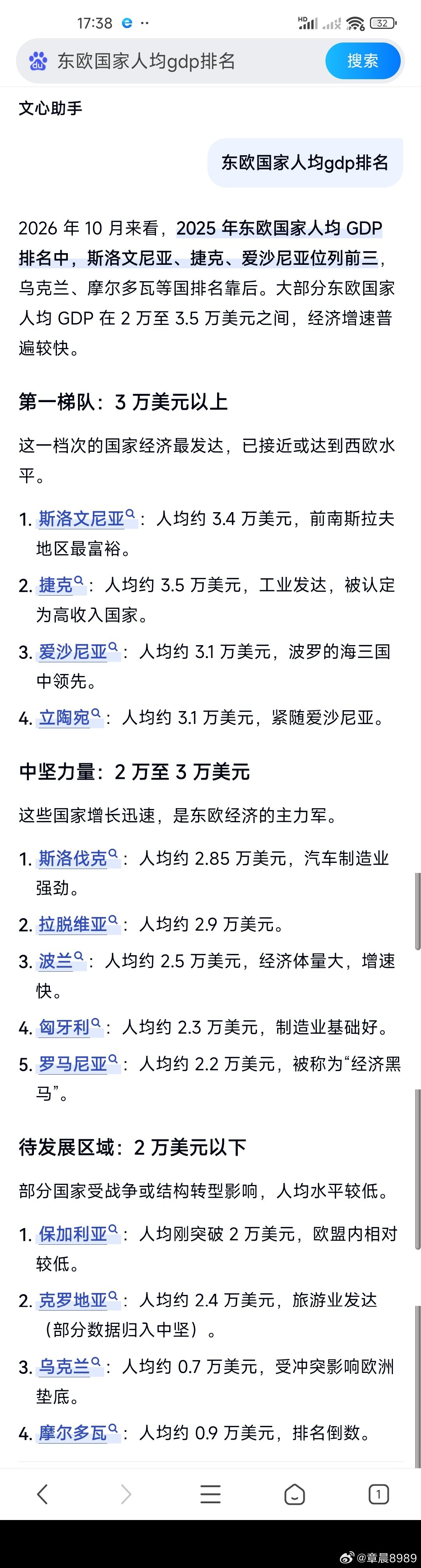 2026年中国人均GDP约1.49万美元，全球排名约76位，东欧国家的GDP排名请见附件截图​