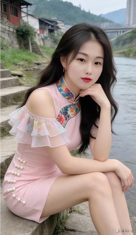 古风少女坐河畔，粉裙花边显优雅旗袍