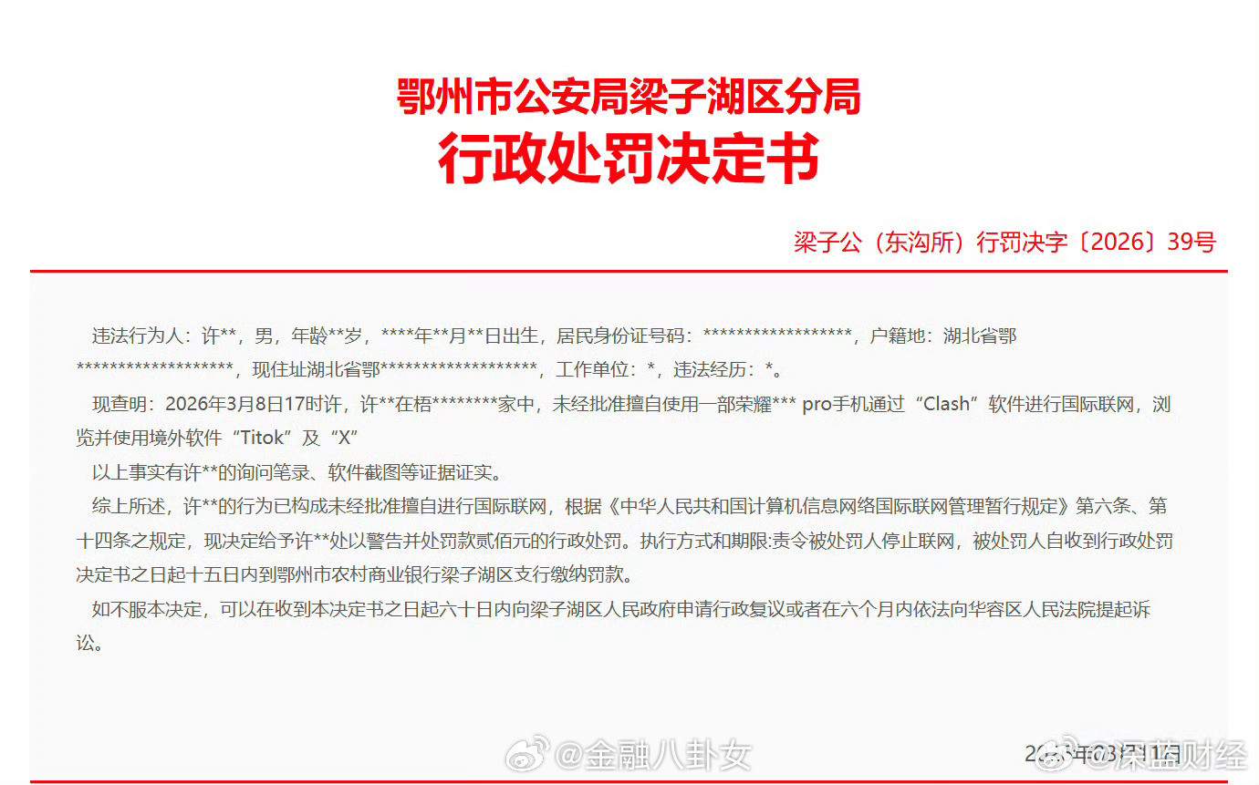 湖北男子家中用荣耀手机浏览TikTok与X被罚200元