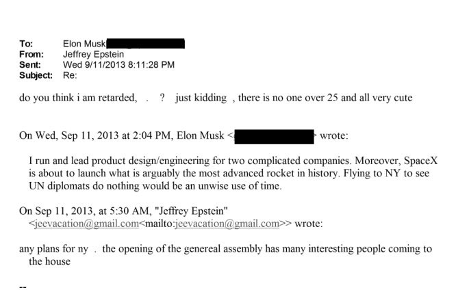 爱泼斯坦给马斯克发邮件，邀请其参加联合国大会期间的聚会。马斯克表示他有火箭要发，